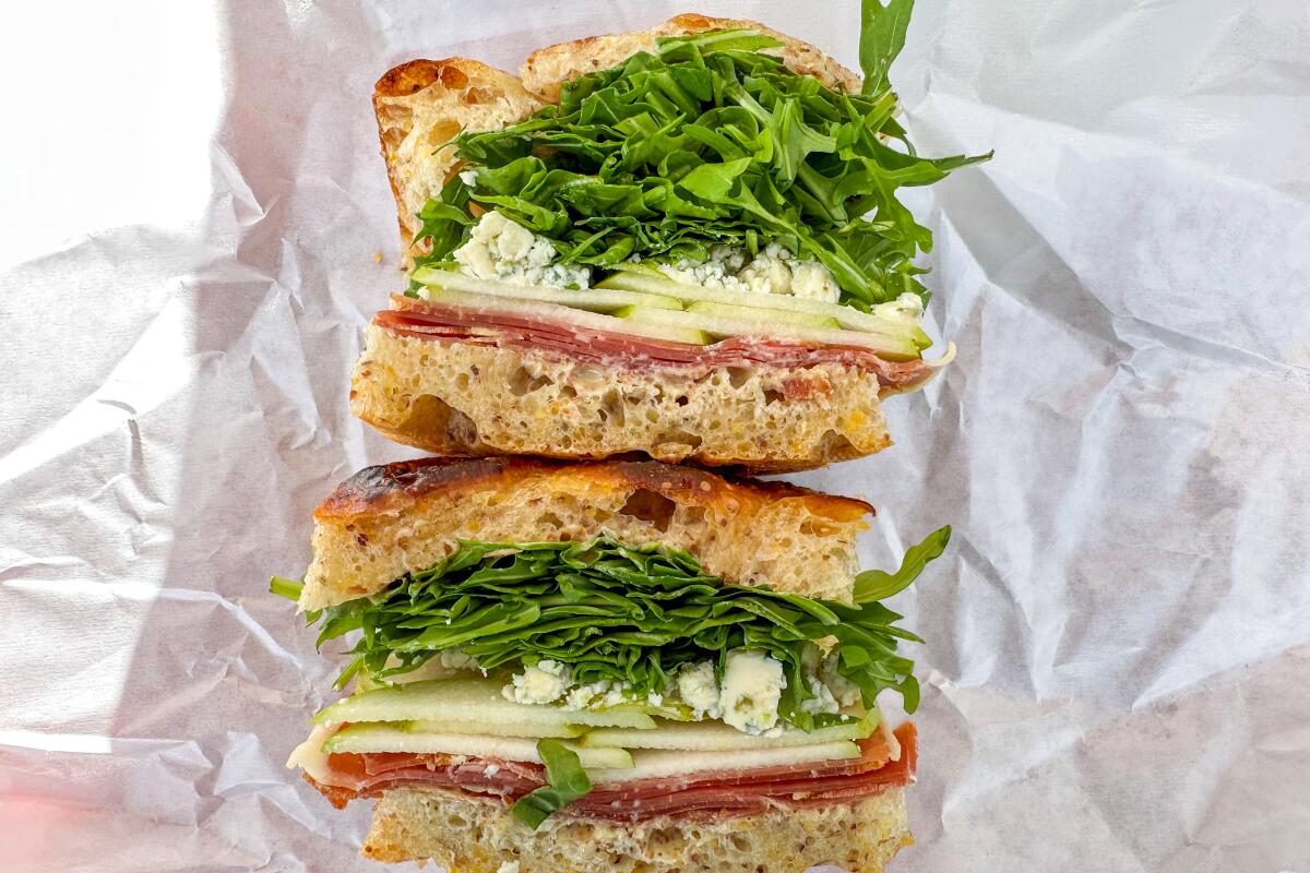 The Yogi Pear with jamon serrano, pear, Gorgonzola and arugula at Monroe Place in Culver City.