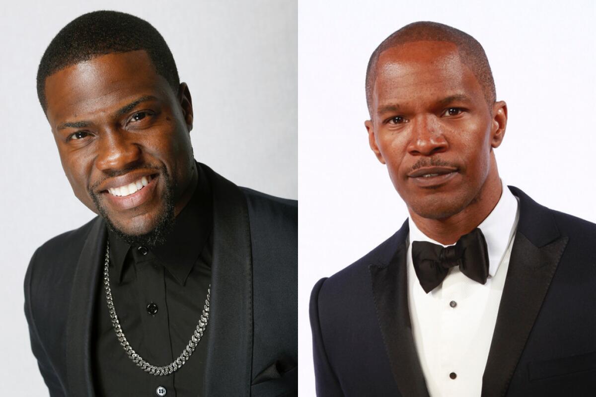 Kevin Hart, left, and Jamie Foxx, both pictured at the NAACP Awards last month, are in talks to appear in the hitman movie "Black Phantom."