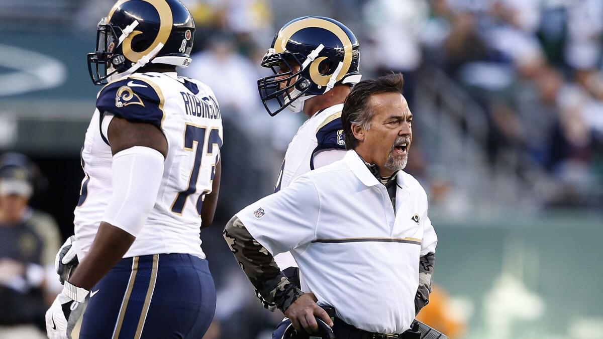 Rams Coach Jeff Fisher reacts after his offense is forced to punt during a game against the Jets earlier this season.