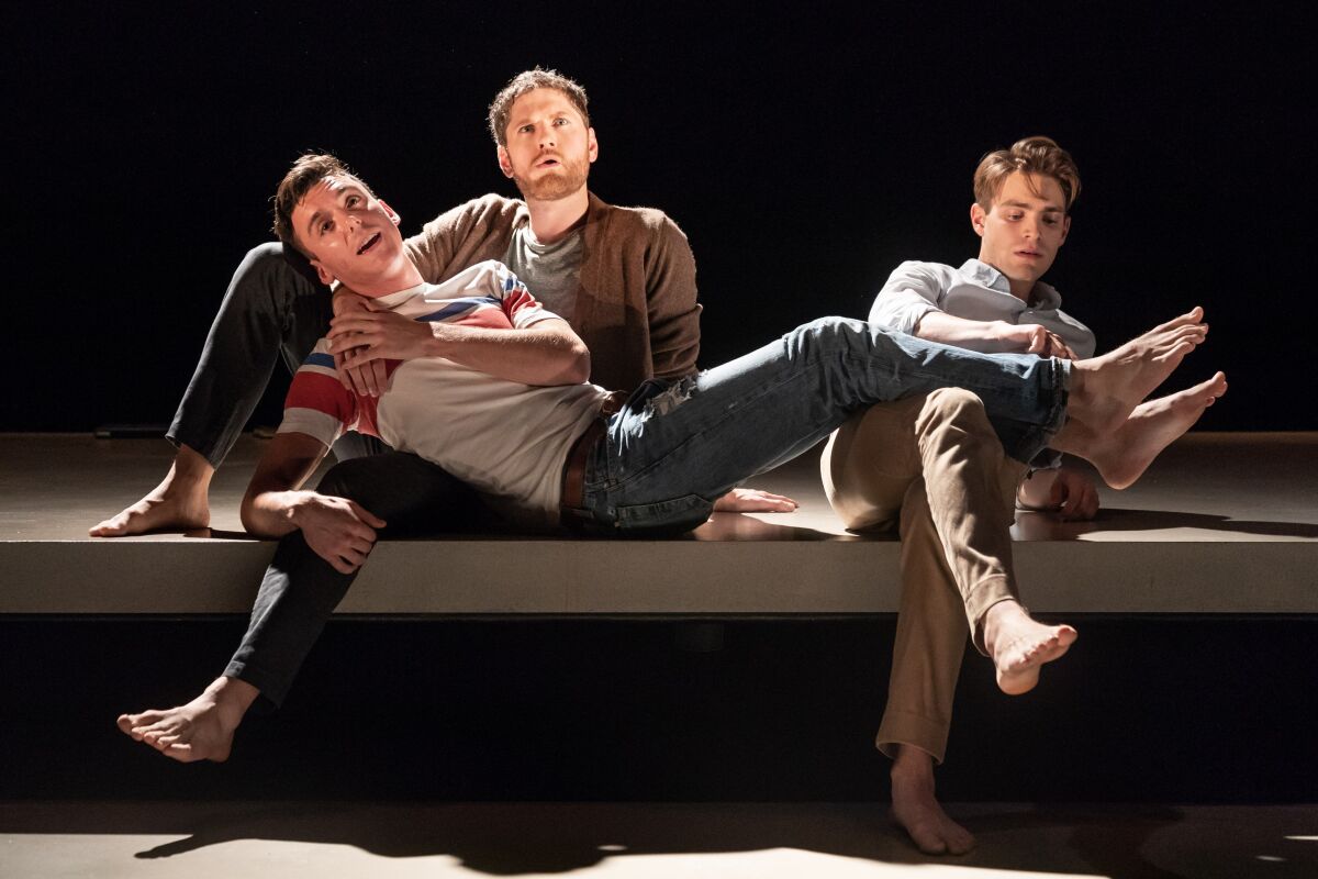 Samuel H. Levine, left, Kyle Soller and Andrew Burnap in "The Inheritance" in London. All star on Broadway as well.