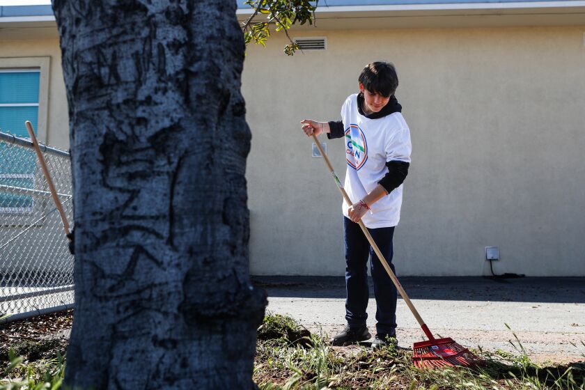San Diego, CA - March 17: Southwest Middle School student Israel Garcia, 14, works to create a community garden, a native pollinator plant patch, and a composting site, during an event to kick off Caltrans' Clean California "Community Days" on Friday, March 17, 2023 in San Diego, CA. (Meg McLaughlin / The San Diego Union-Tribune)