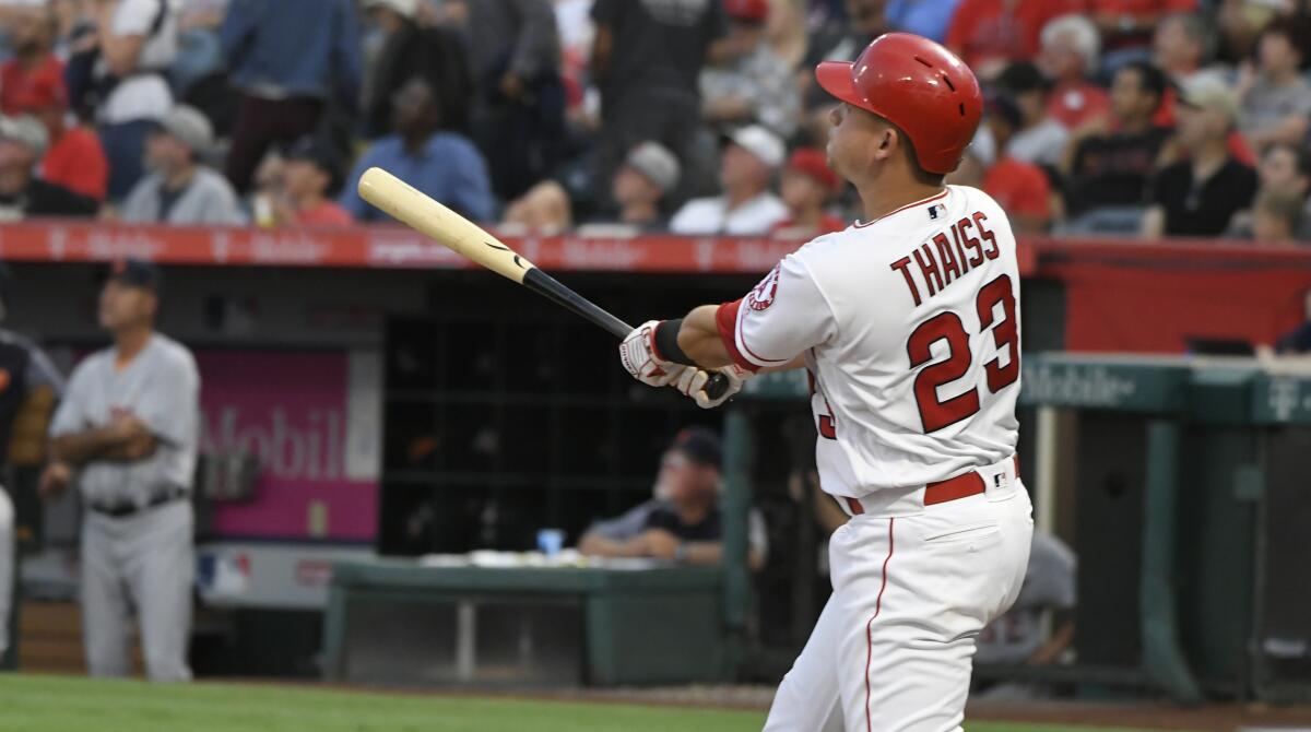 Angels rookie Matt Thaiss homers against the Detroit Tigers on July 30.