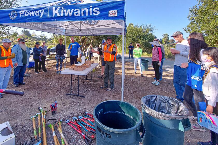 Poway Kiwanis service project leader Bob Beavers, center, gives instructions about trail maintenance to Kiwanis volunteers.
