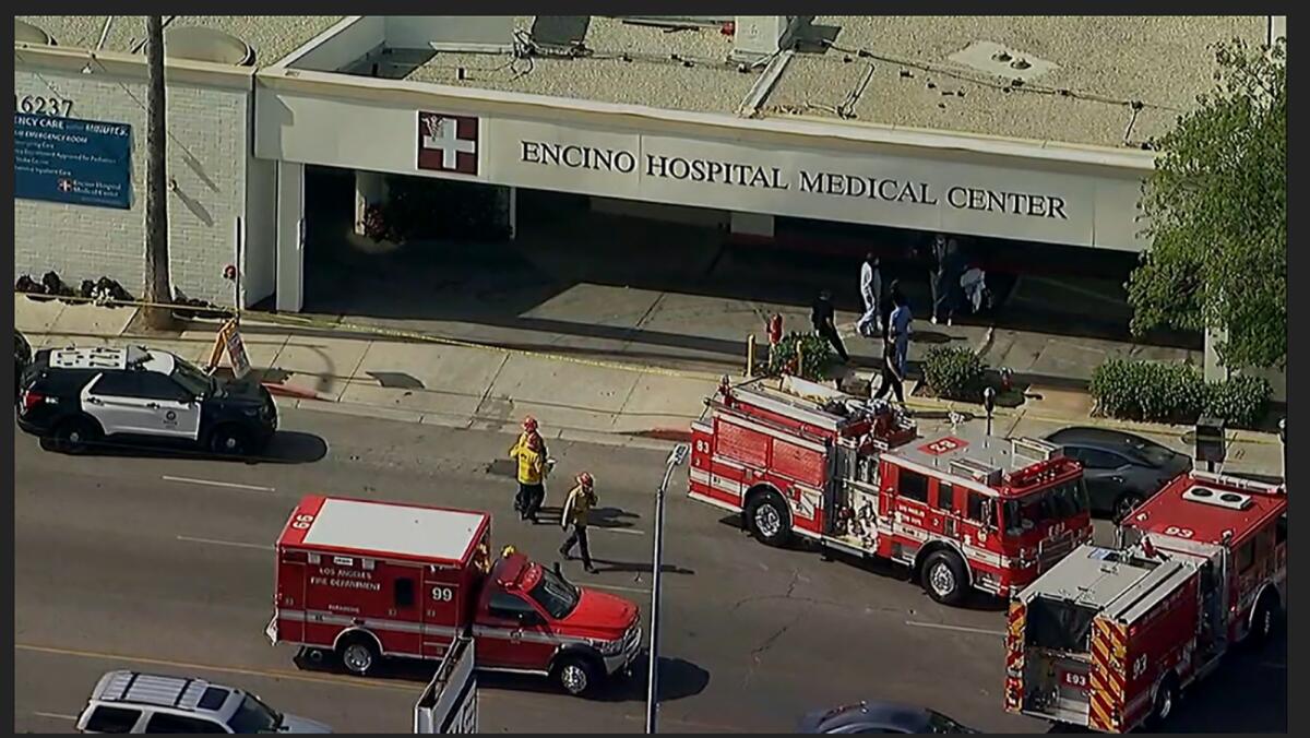 Esta imagen aérea tomada de un video proporcionado por el canal ABC7 Los Ángeles muestra a personal de emergencias