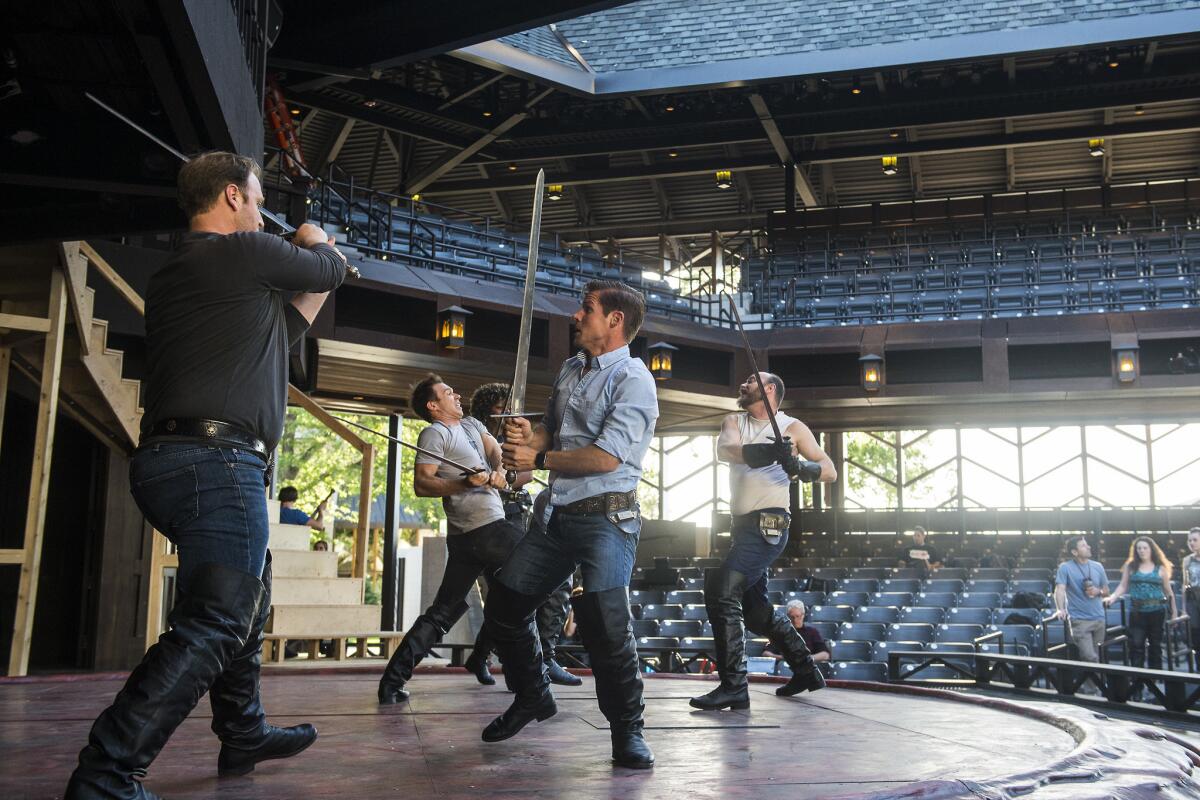 Actors rehearse Utah Shakespeare Festival's 'Henry V' in the new Engelstad Shakespeare Theatre in Cedar City, Utah, on June 16, 2016.