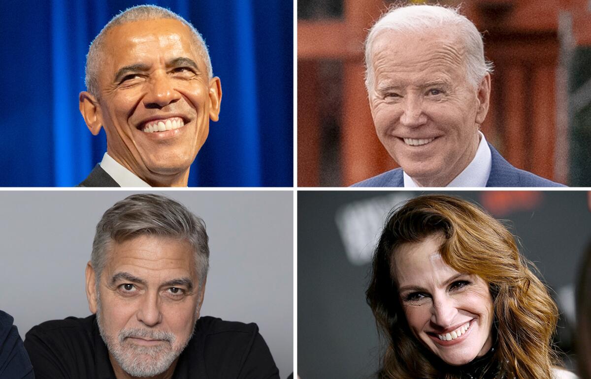 Four images show, clockwise from top left, former President Obama, President Biden, Julia Roberts and George Clooney