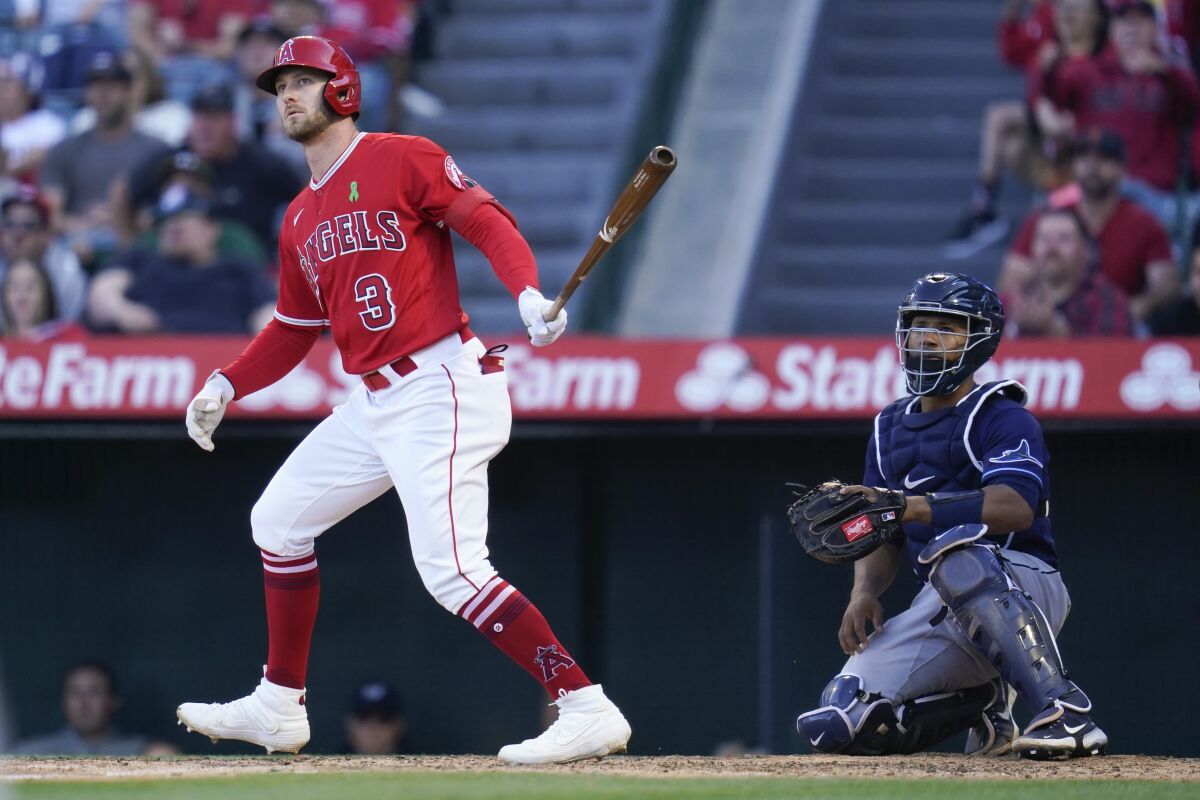 Angels' Taylor Ward watches his home run during the eighth inning against the Tampa Bay Rays.