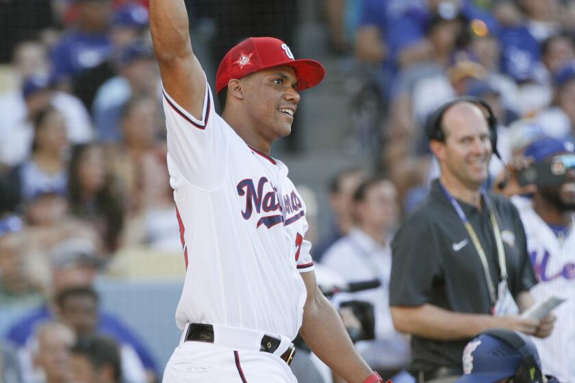 LOS ANGELES, CA - JULY 18: Washington Nationals' Juan Soto celebrates after defeating.