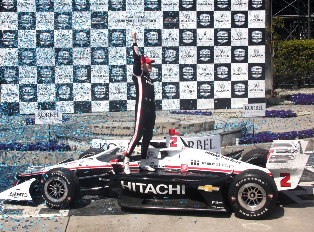 Josef Newgarden celebrates after winning the Grand Prix of Long Beach on Sunday.