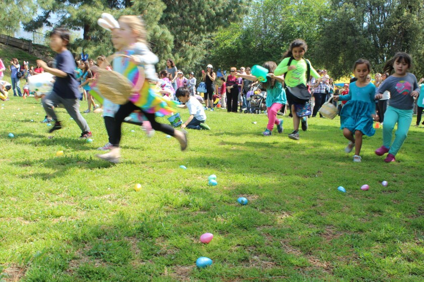 Egg hunters race to pick up as many eggs as they can during an Easter egg hunt at Two Strike Park in La Crescenta on Saturday, March 19, 2016. The event was put on by the Los Angeles County Parks and Recreation Department and drew about 200 people.