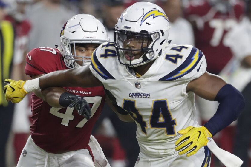 Los Angeles Chargers linebacker Kyzir White (44) during the first half of an preseason NFL football game against the Arizona Cardinals, Saturday, Aug. 11, 2018, in Glendale, Ariz. (AP Photo/Rick Scuteri)