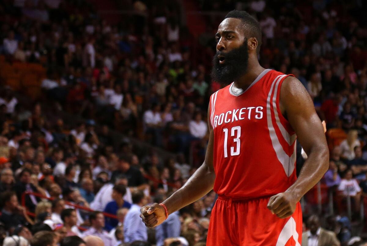 James Harden celebrates a play during a game against the Miami Heat at American Airlines Arena in Miami on Nov. 4