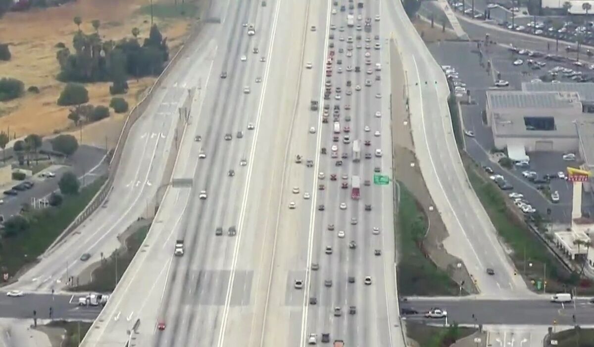 Aerial view of the 91 Freeway looking west from Auto Center Drive in Corona 