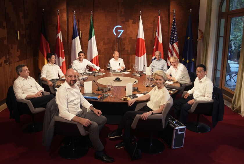 Group of Seven leaders gather for a dinner event at Castle Elmau in Kruen, near Garmisch-Partenkirchen, Germany, on Sunday.