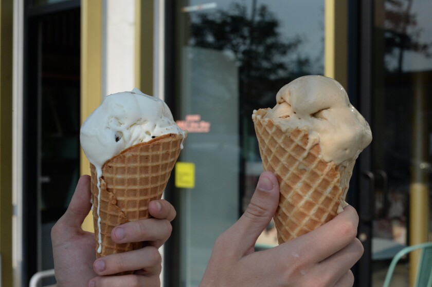 Waffle cones from Mutual Friend Ice Cream at Golden Hill.  The flavors pictured are Milk & Cookies (left) and Dark Horse Coffee.