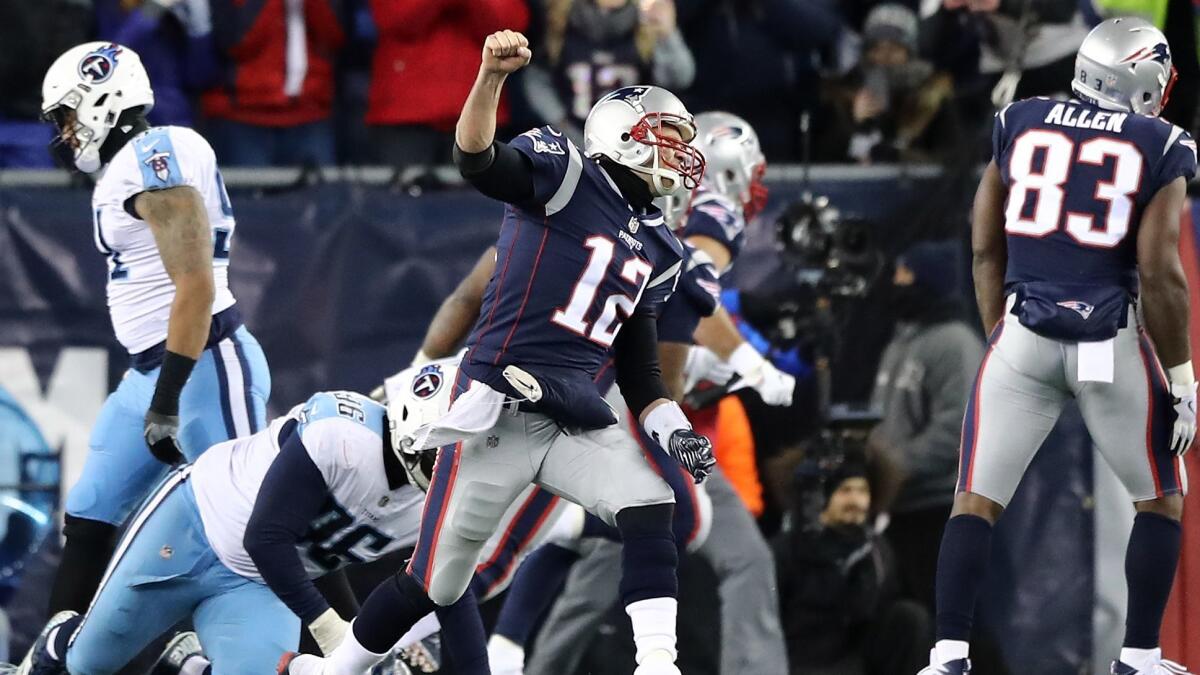 Tom Brady reacts after a touchdown in the third quarter against the Tennessee Titans at Gillette Stadium.