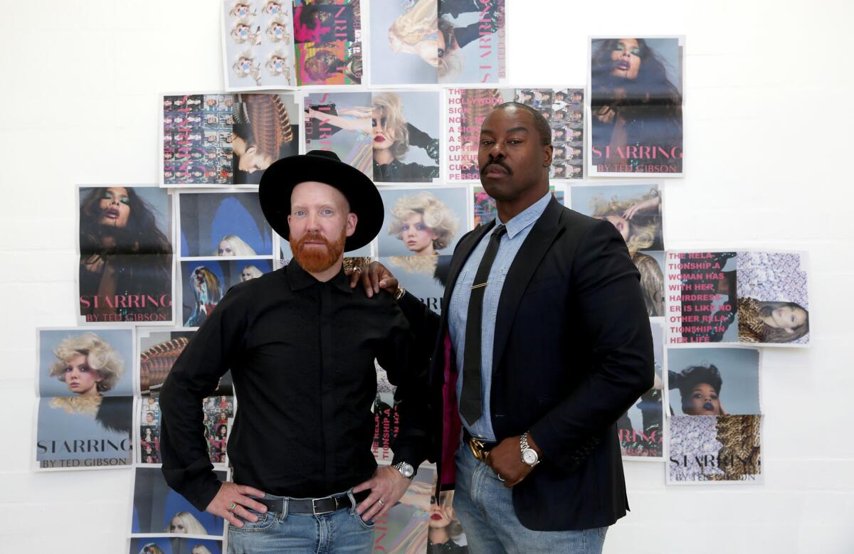 Hair colorist Jason Backe, left, and his husband and business partner, celebrity hairstylist Ted Gibson, in the space for their new salon. The couple recently relocated to Los Angeles after living in New York for 20 years.