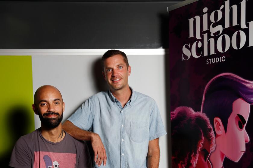 LOS ANGELES, CALIF-SEPTEMBER 5, 2019: Adam Hines, left, and Sean Krankel, right, who are the developers and owners of Night School Studio, a local video game firm that developed the hit "Oxengree," and the new game "After Party," stand for a portrait on September 5, 2019 in Los Angeles, California. (Photo By Dania Maxwell / Los Angeles Times)