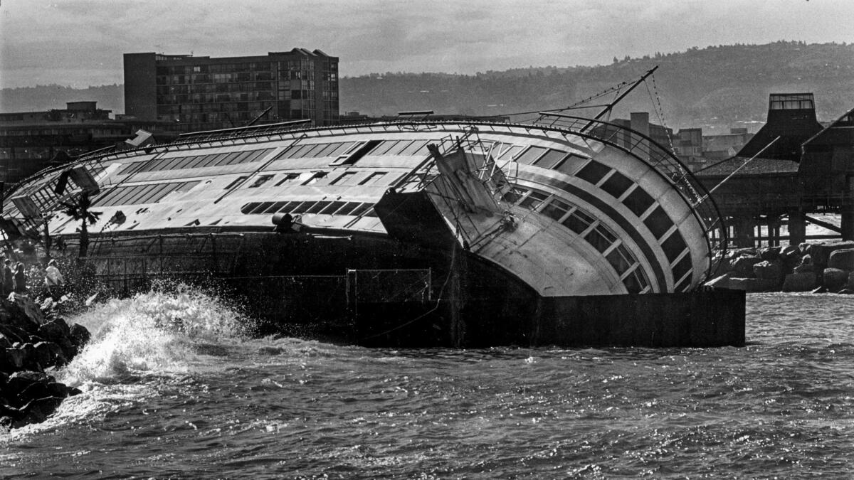 Feb. 19, 1980: The 225-foot Lady Alexandria, a floating restaurant and disco at Redondo Beach was scuttled after being damaged by storms.