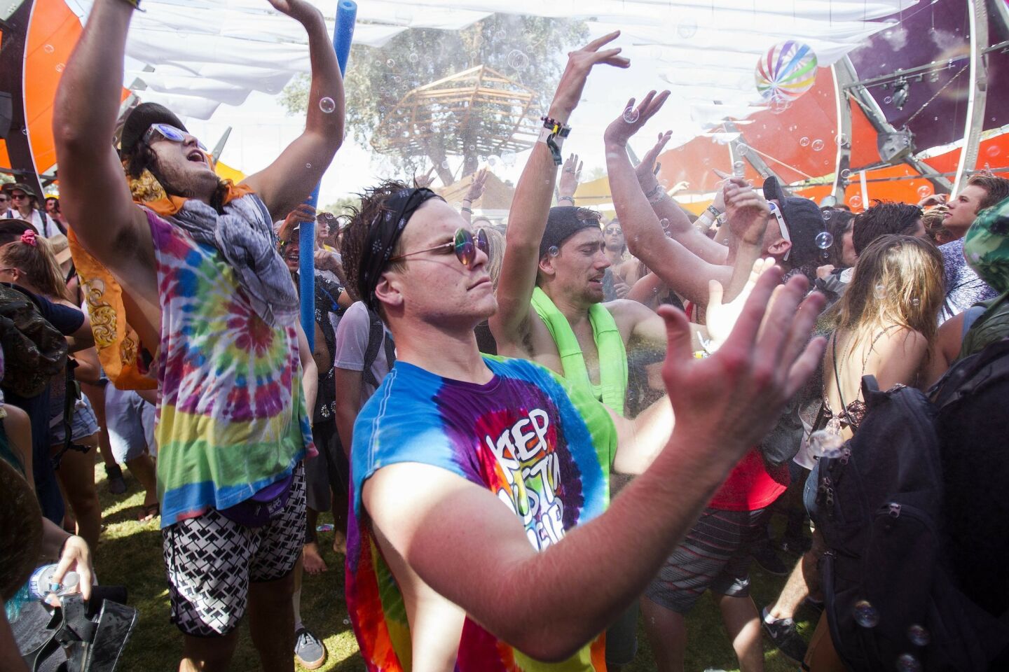 The 2015 Coachella Valley Music and Arts Festival gets underway. The Do Lab gets an early start as Coachella gets underway. Festival goers dance to pounding bass while being doused with water.