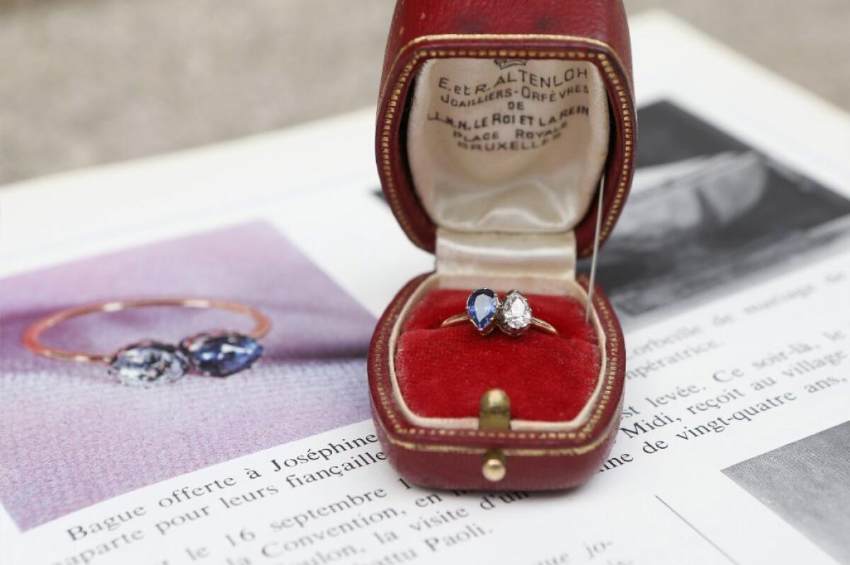 A diamond and sapphire engagement ring given by Napoleon Bonaparte to Josephine de Beauharnais. The ring recently fetched close to $1 million at auction.