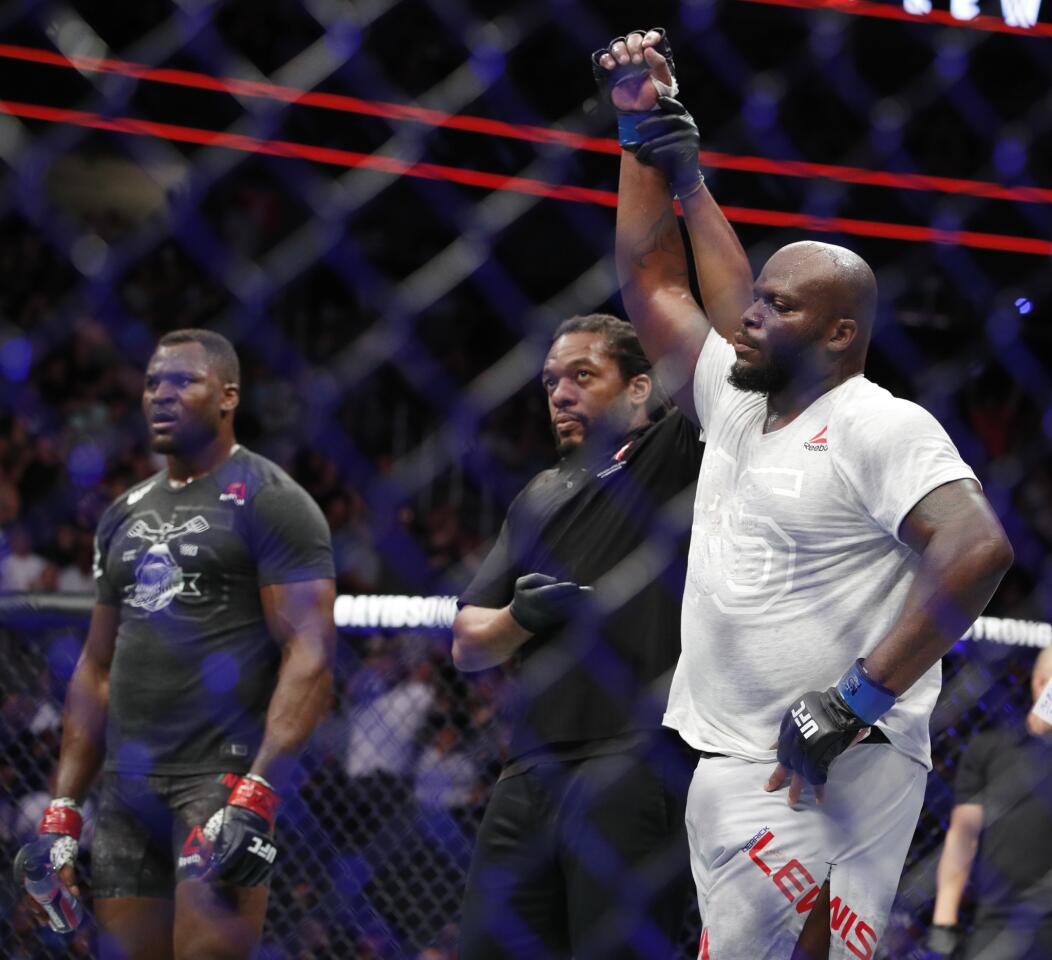 Derrick Lewis celebrates after defeating Francis Ngannou in a heavyweight mixed martial arts bout at UFC 226, Saturday, July 7, 2018, in Las Vegas.