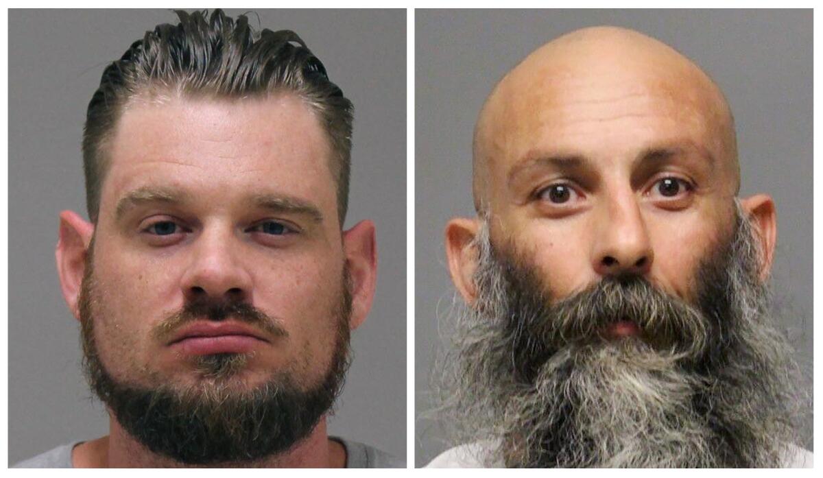 FILE - This photo combo of images provided by the Kent County Sheriff and Delaware Department of Justice, respectively, shows Adam Dean Fox, left, and Barry Croft Jr. on April 8, 2022. The men who are accused of crafting a plan to kidnap Michigan Gov. Gretchen Whitmer in 2020 and ignite a national rebellion are facing a second trial with jury selection starting Tuesday, Aug. 9, 2022, months after a jury couldn't reach a verdict on the pair while acquitting two others in the case. (Kent County Sheriff and Delaware Department of Justice via AP, File)