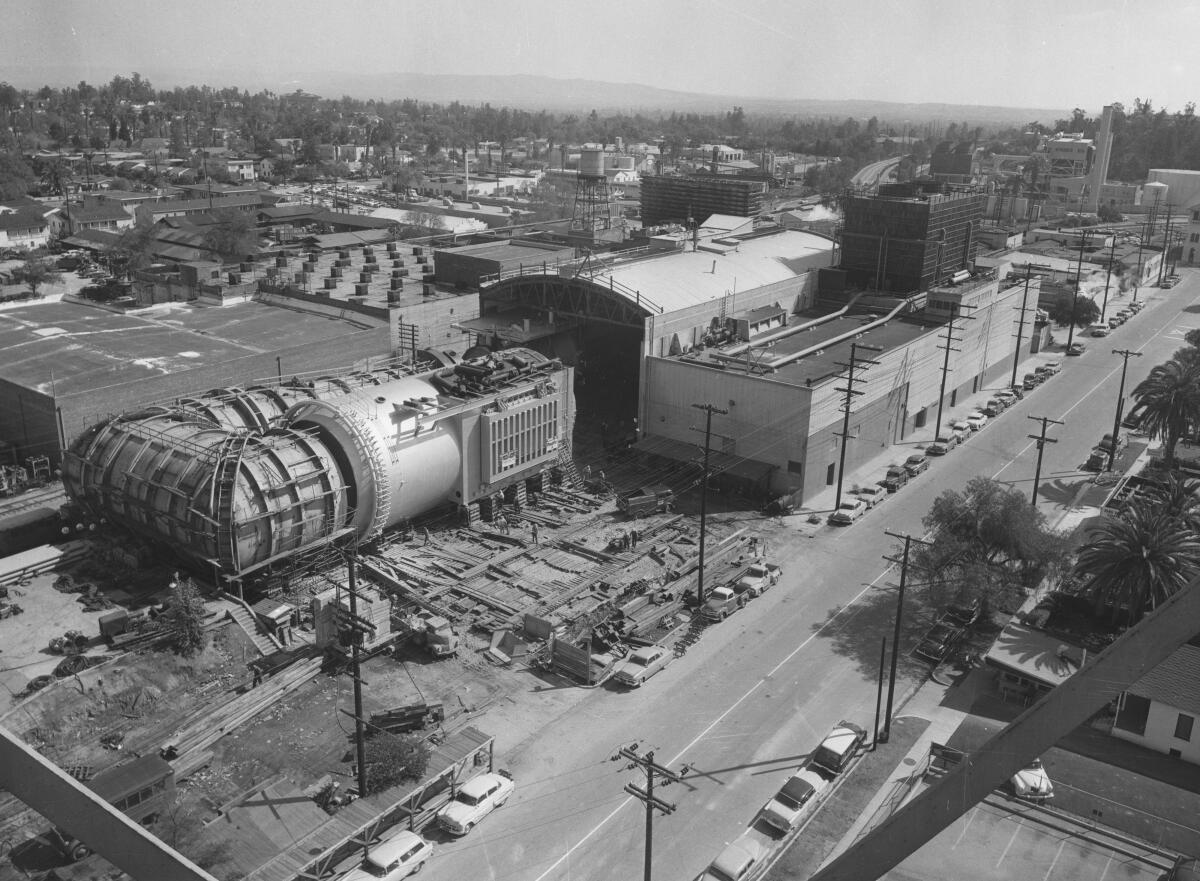 Undated black-and-white photo shows buildings that formed Southern California Cooperative Wind Tunnel testing facility.