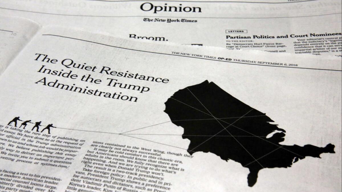 Shown is a copy of the Sept. 6 New York Times op-ed article written anonymously by a senior official in the Trump administration.