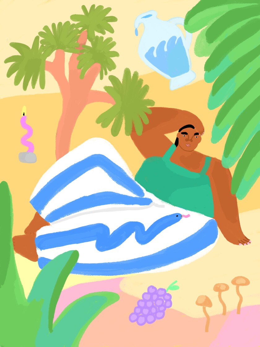 Illustration of a person in summer clothes sitting under a Joshua tree and next to grapes and mushrooms.