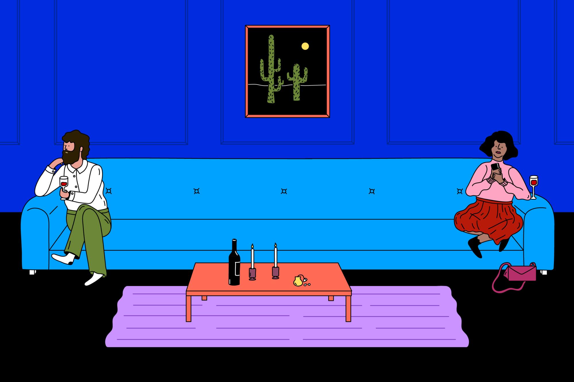 Man and woman on a date sit on the far ends of a long blue couch against a dark blue wall with a cactus painting.