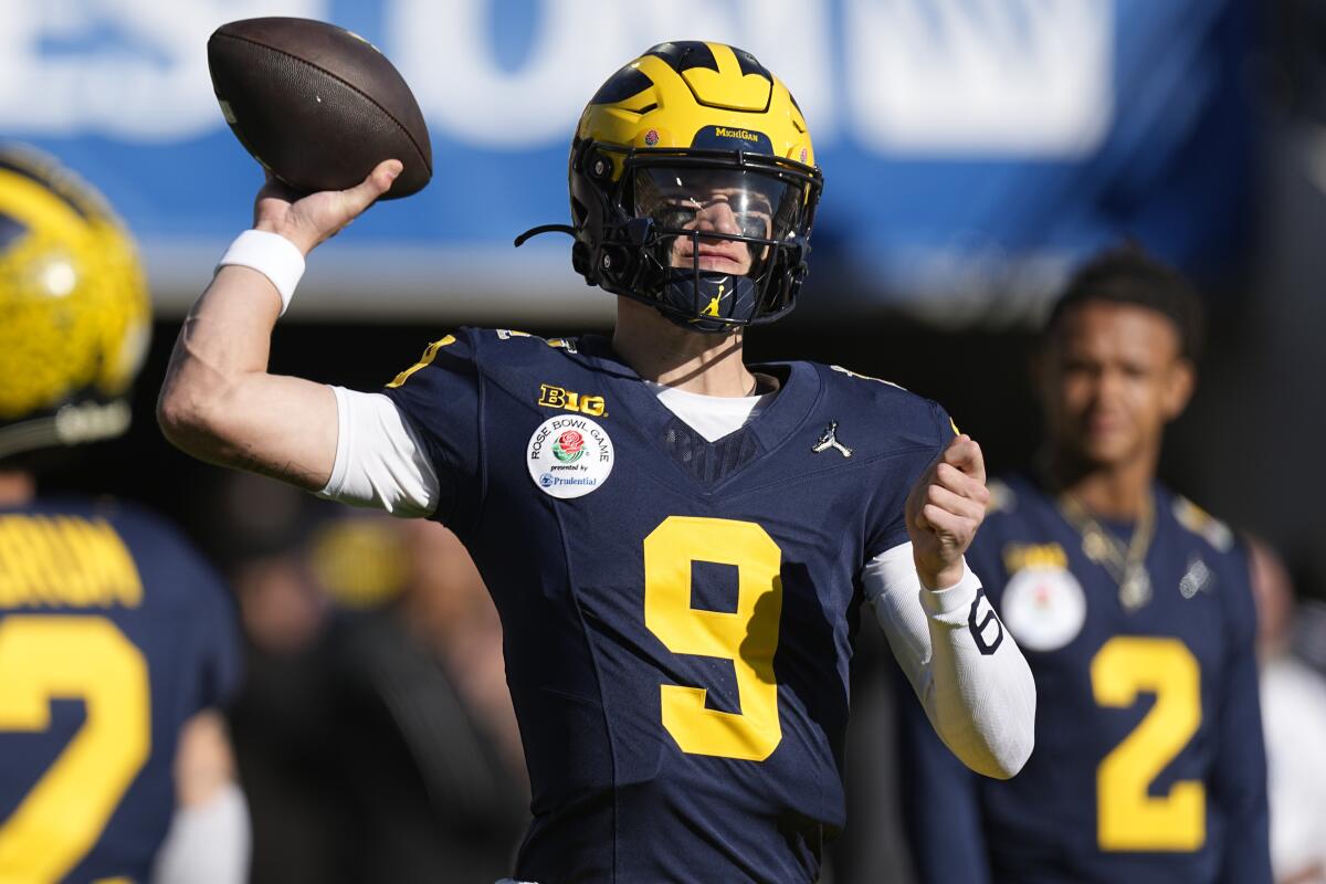Michigan quarterback J.J. McCarthy warms up before the Wolverines' win over Alabama in the Rose Bowl on Jan. 1.