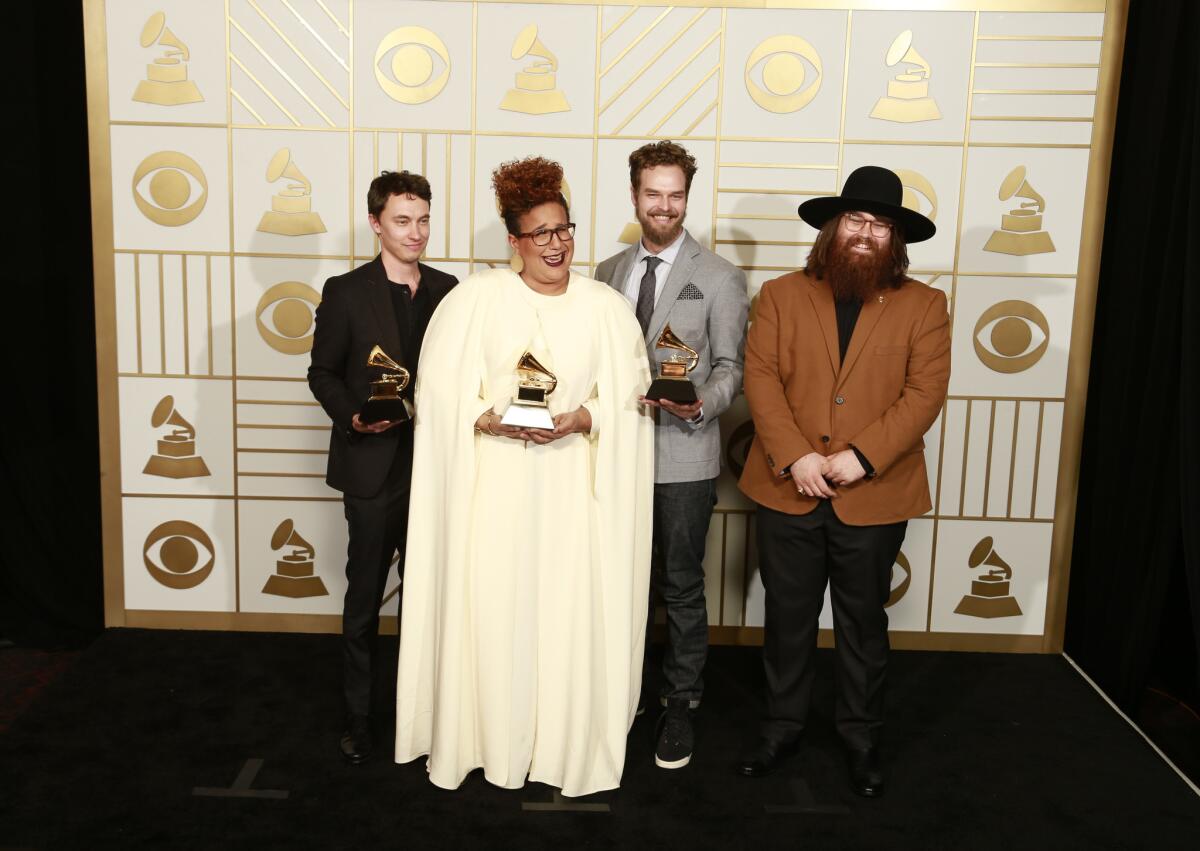Musicians Heath Fogg, Brittany Howard, Steve Johnson, and Zac Cockrell of Alabama Shakes, who won three awards at the Grammy Awards on Feb. 15.