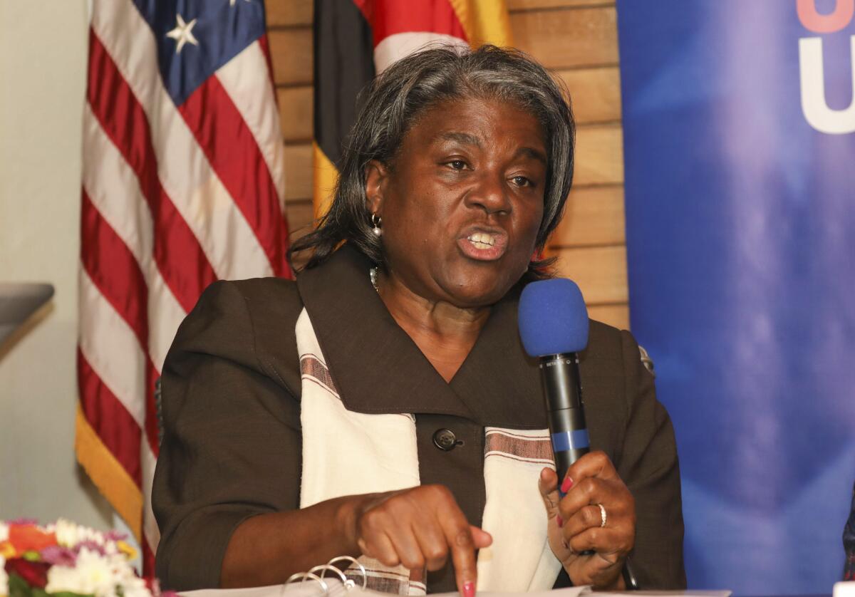 U.S. Ambassador to the United Nations Linda Thomas-Greenfield speaks to the media at the residence of the U.S. Ambassador to Uganda, in the capital Kampala, Uganda Thursday, Aug. 4, 2022. . (AP Photo/Hajarah Nalwadda)