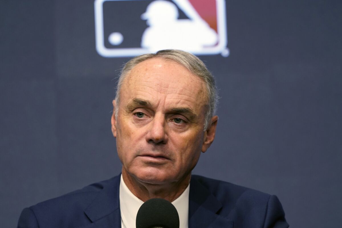 Baseball Commissioner Rob Manfred speaks during a news conference on Dec. 2, 2021, in Arlington, Texas.