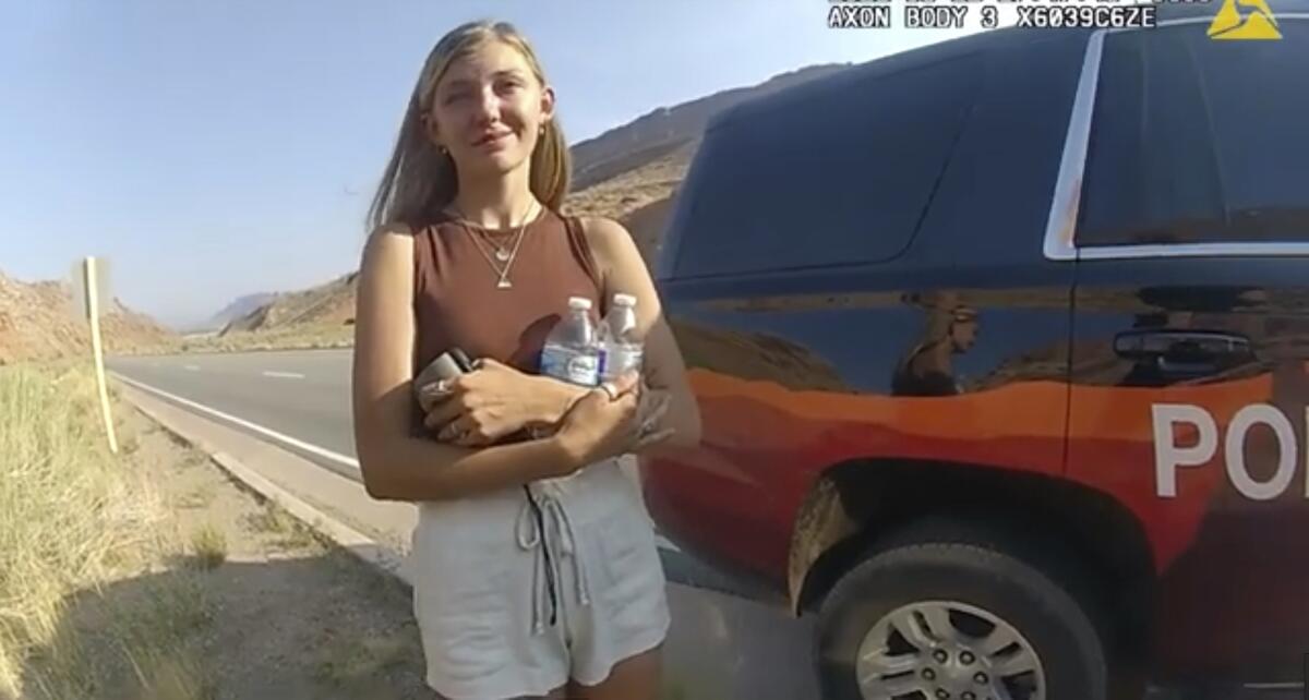 Video shows Gabrielle Petito talking to a police officer during traffic stop near the entrance to Arches National Park. 