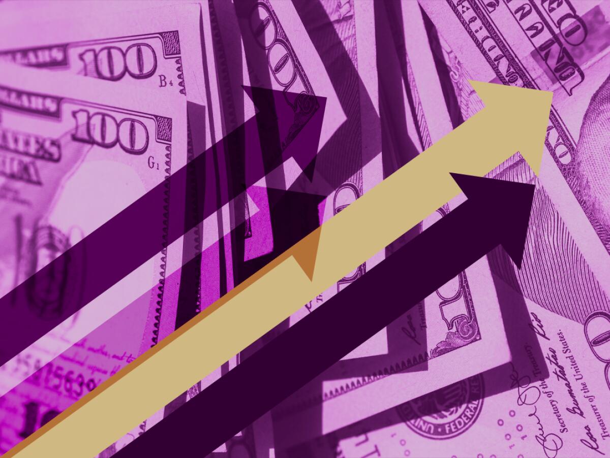 Four arrows angled upward against a backdrop of hundred-dollar bills