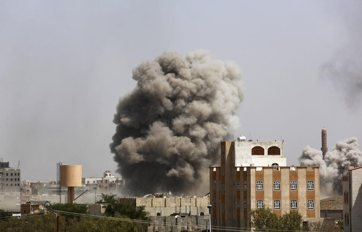 Smoke rises after a Saudi-led airstrike hits an army academy in Sanaa, Yemen, on Sunday.
