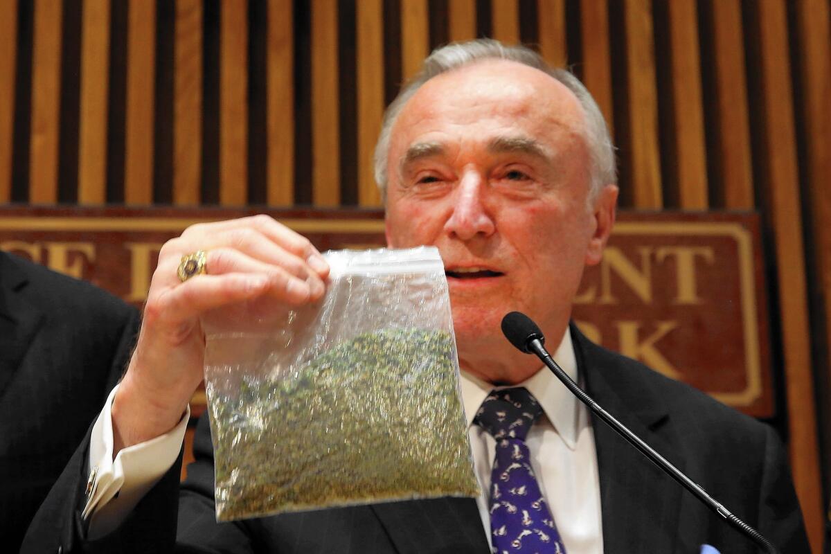 New York City Police Commissioner William J. Bratton holds up a bag of oregano to demonstrate what 25 grams of marijuana looks like.
