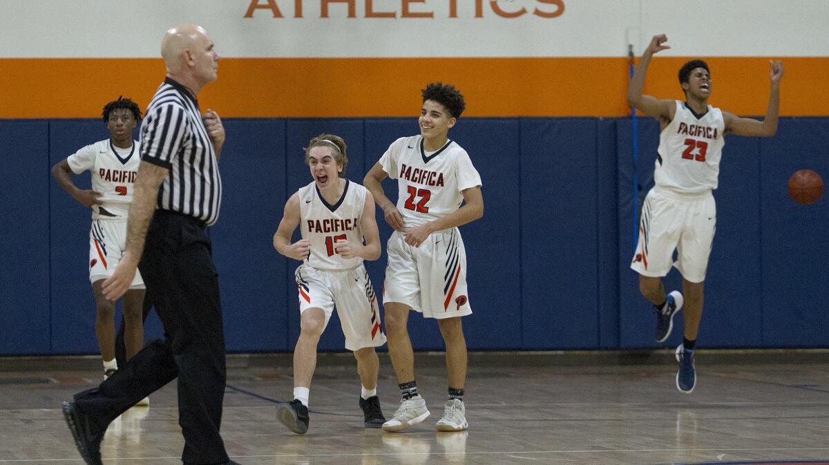 Pacifica Christian High players, from right, Josh Sims, Timmy Bahadoor, Primo Belfiore and Dominick Harris react after defeating Foothill Tech, 64-59, in a CIF Southern Section Division 6 semifinal playoff game.