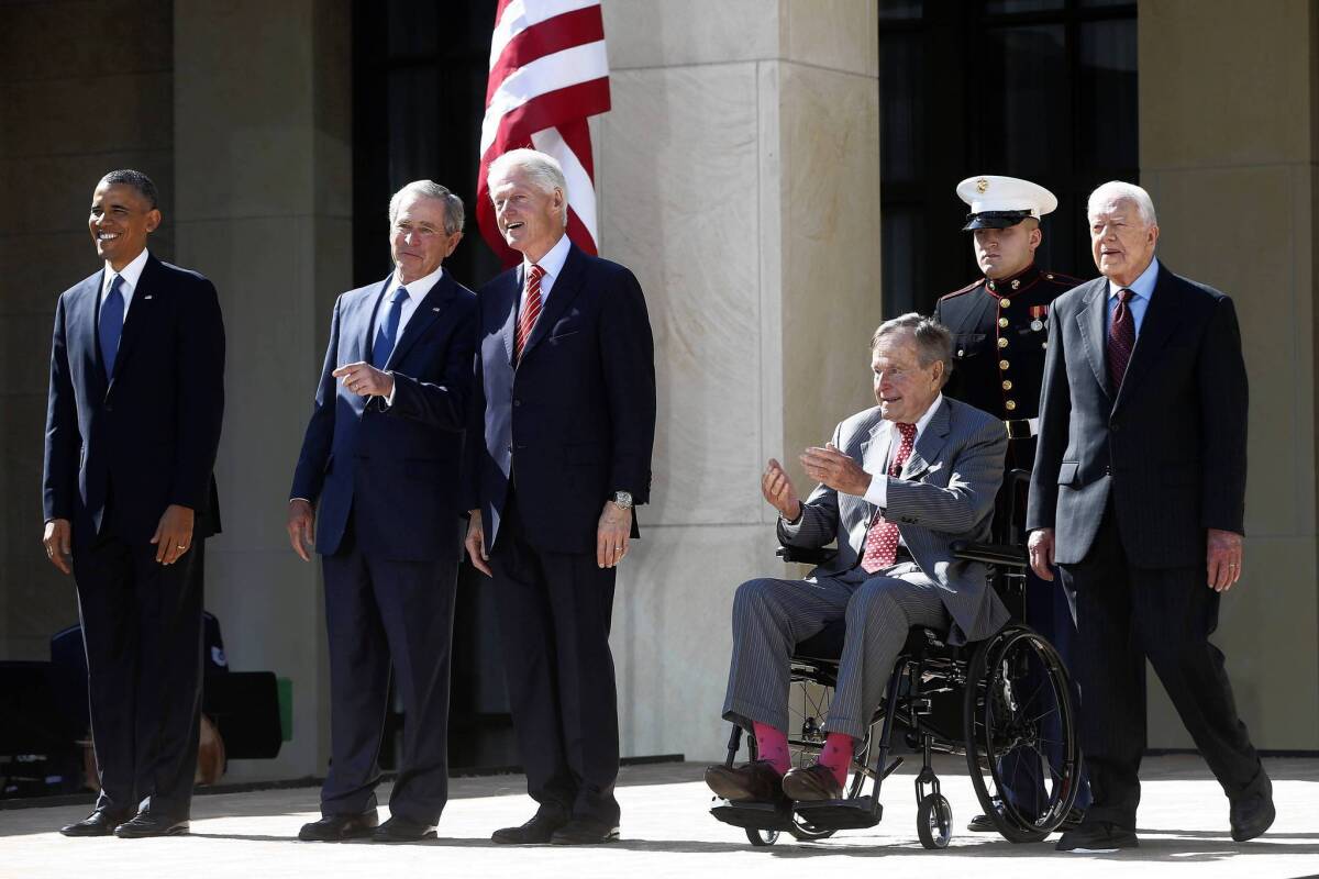 President Obama is joined by, from left, former Presidents George W. Bush, Bill Clinton, George H.W. Bush and Jimmy Carter at the dedication of the George W. Bush presidential library in Dallas.