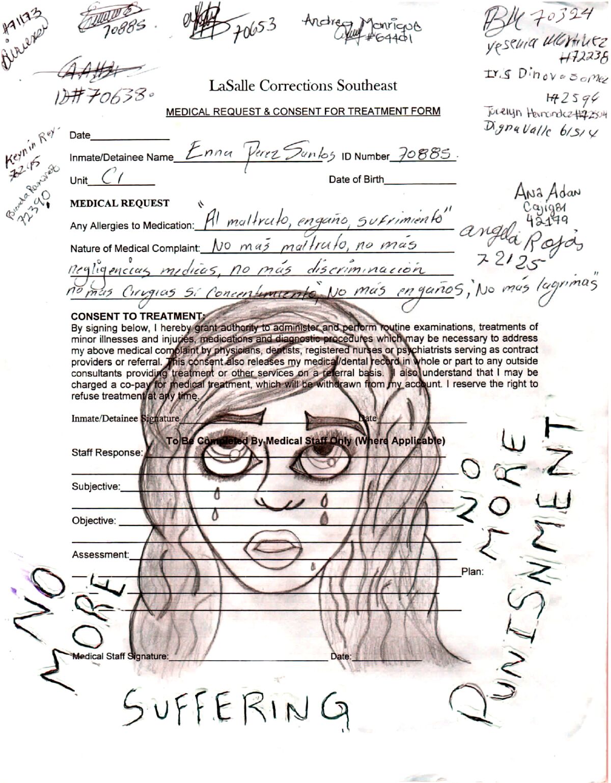 A drawing depicts a woman crying on a medical consent form.