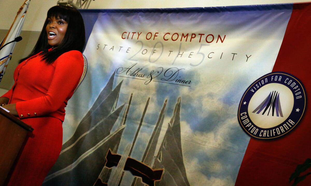 Compton Mayor Aja Brown delivers her State of the City address in July.
