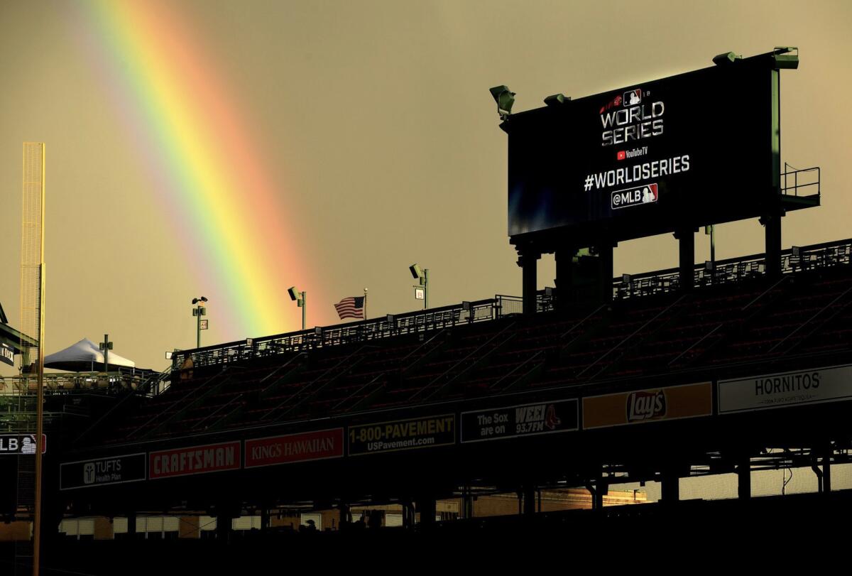 A rainbow is seen at Fenway Park prior to Game 1 of the 2018 World Series between the Dodgers and the Boston Red Sox.