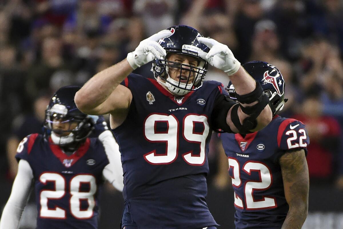 Houston Texans defensive end J.J. Watt celebrates an NFL wild-card game against the Buffalo Bills on , Jan. 4, 2020.