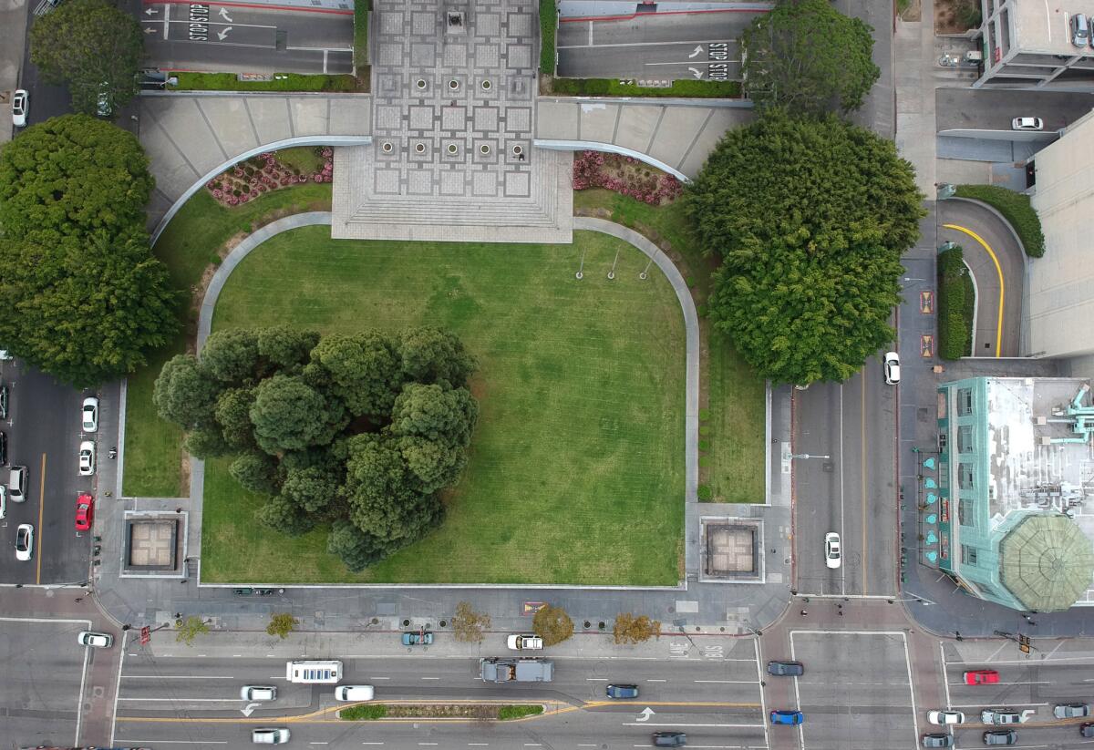 A drone view from 380 feet above the green space at Liberty Park in Koreatown. The park was at the center of a yearlong standoff between nearby residents and a wealthy developer, who wanted to turn it into a 36-story tower.