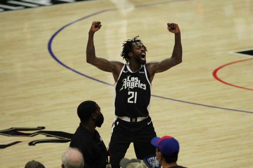 LOS ANGELES, CA - JUNE 18, 2021: LA Clippers guard Patrick Beverley (21) reacts as the Clippers.