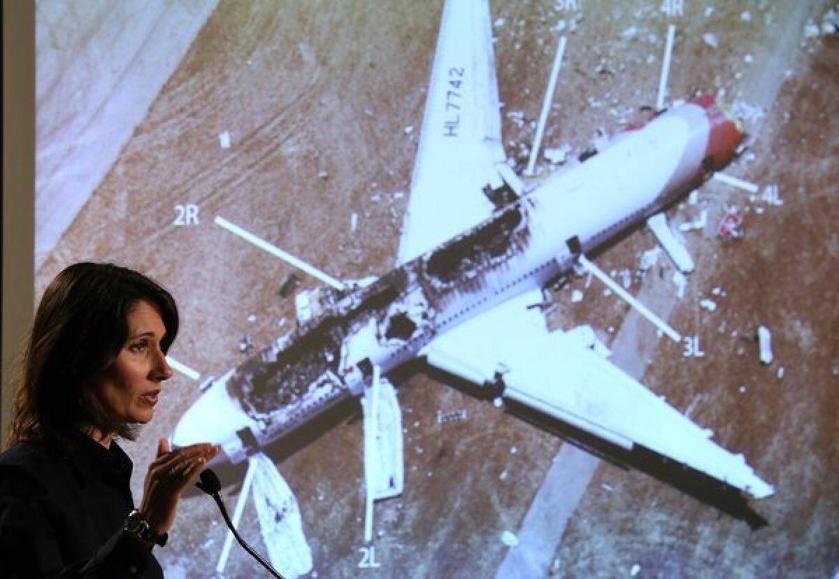Deborah Hersman, chairwoman of the National Transportation Safety Board, addresses a news conference on the Asiana Airlines crash in San Francisco.
