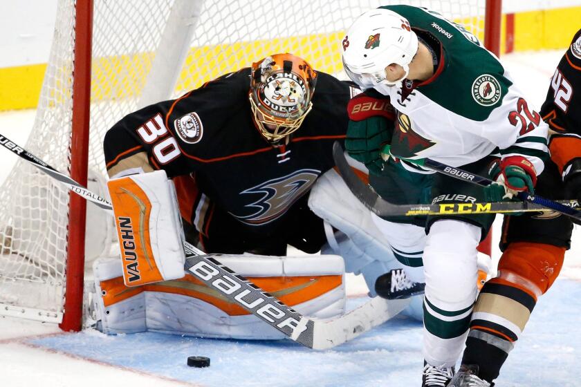 Anton Khudobin, stopping a shot earlier this season against the Wild, has been recalled by the Ducks.