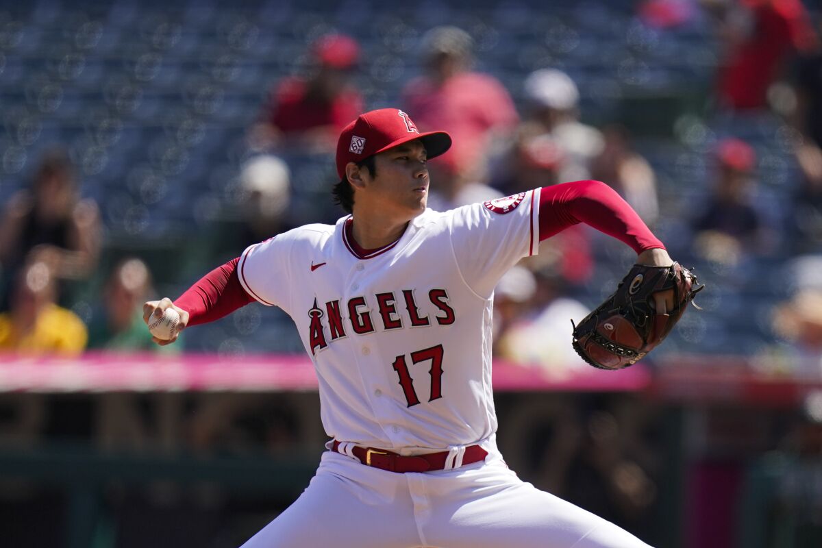 Angels starting pitcher Shohei Ohtani throws against the Athletics Sunday